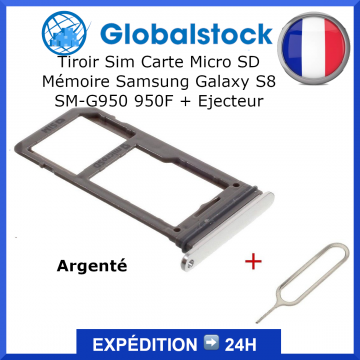 Tiroir Sim Carte Micro SD Mémoire pour Samsung Galaxy S8 SM-G950 950F + Ejecteur Argenté