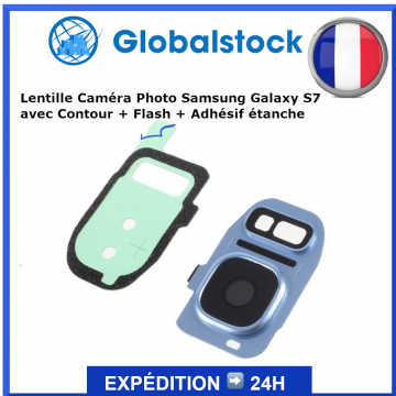 Lentille Caméra Photo avec contour + flash Bleu pour Samsung Galaxy S7