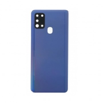 Vitre arrière avec Adhésif + Lentille camera support pour Samsung Galaxy A21s A217 Bleu + Logo