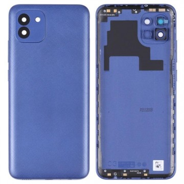 Vitre arrière avec Adhésif + Lentille camera + support pour Samsung Galaxy A03 A035 A035G 166mm Bleu + Logo