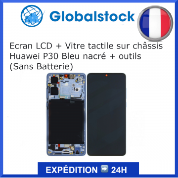 Ecran LCD + Vitre tactile sur châssis Huawei P30 Bleu nacré + outils